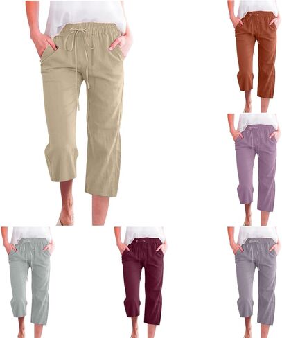 Womens Capris for Summer Cotton Linen Casual Drawstring Straight Wide Leg Loose Elastic Waist Cropped Trouser in Saudi Arabia