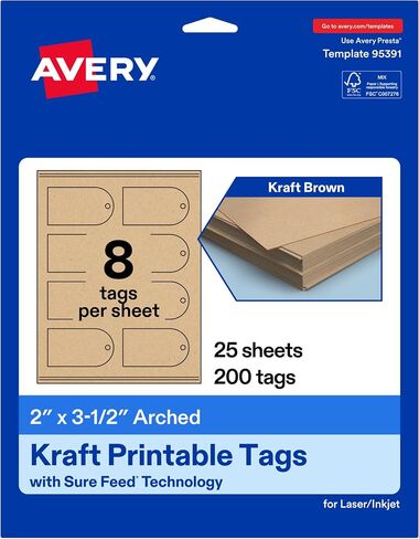 علامات Avery مقوسة قابلة للطباعة، تقنية Sure Feed، 2 بوصة × 3-1/2 بوصة، بطاقات بنية كرافت غير لامعة، طباعة إلى الحافة، قابلة للطباعة بالليزر/النافثة للحبر، 200 إجمالي in Kuwait