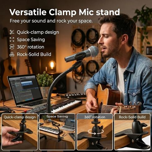 ROCKFREE Microphone Stand with 360° Rotating Base,Heavy-Duty Desk Clamp,8" Flexible Gooseneck Mic Mount,Includes 1/4" to 3/8" & 5/8" Metal Adapters for Shure,Fifine,HyperX,AT2020,Blue Snowball,Razer in Saudi Arabia