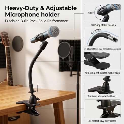 ROCKFREE Microphone Stand with 360° Rotating Base,Heavy-Duty Desk Clamp,8" Flexible Gooseneck Mic Mount,Includes 1/4" to 3/8" & 5/8" Metal Adapters for Shure,Fifine,HyperX,AT2020,Blue Snowball,Razer in Saudi Arabia