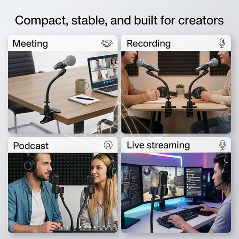 ROCKFREE Microphone Stand with 360° Rotating Base,Heavy-Duty Desk Clamp,8" Flexible Gooseneck Mic Mount,Includes 1/4" to 3/8" & 5/8" Metal Adapters for Shure,Fifine,HyperX,AT2020,Blue Snowball,Razer in Saudi Arabia