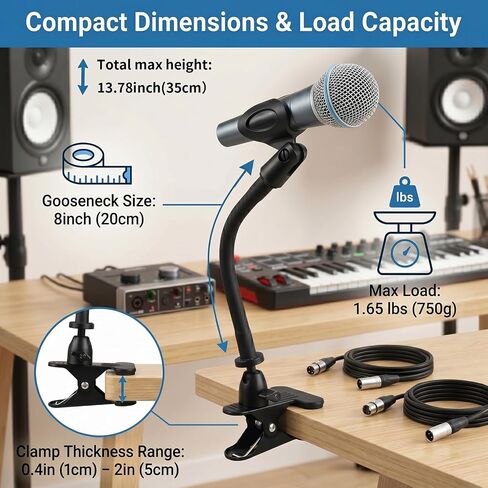 ROCKFREE Microphone Stand with 360° Rotating Base,Heavy-Duty Desk Clamp,8" Flexible Gooseneck Mic Mount,Includes 1/4" to 3/8" & 5/8" Metal Adapters for Shure,Fifine,HyperX,AT2020,Blue Snowball,Razer in Saudi Arabia