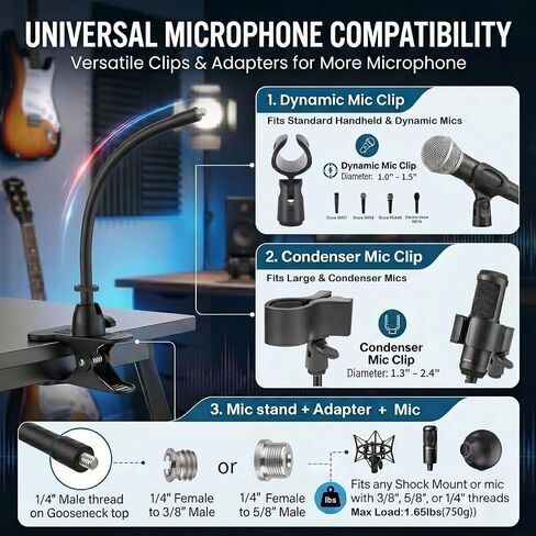 ROCKFREE Microphone Stand with 360° Rotating Base,Heavy-Duty Desk Clamp,8" Flexible Gooseneck Mic Mount,Includes 1/4" to 3/8" & 5/8" Metal Adapters for Shure,Fifine,HyperX,AT2020,Blue Snowball,Razer in Saudi Arabia