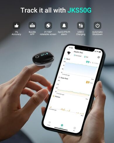 HOLFENRY JKS50G Ring Pulse Oximeter Fingertip | Continuous Oxygen Monitor Fingertip with Alarm O2 Continuous Pulse Oximeter Finger | Rechargeable Overnight Oximeter with Bundle APP & PC/Export Sleep Report in Saudi Arabia