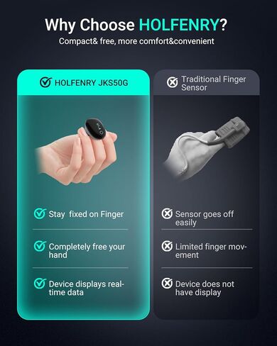 HOLFENRY JKS50G Ring Pulse Oximeter Fingertip | Continuous Oxygen Monitor Fingertip with Alarm O2 Continuous Pulse Oximeter Finger | Rechargeable Overnight Oximeter with Bundle APP & PC/Export Sleep Report in Saudi Arabia