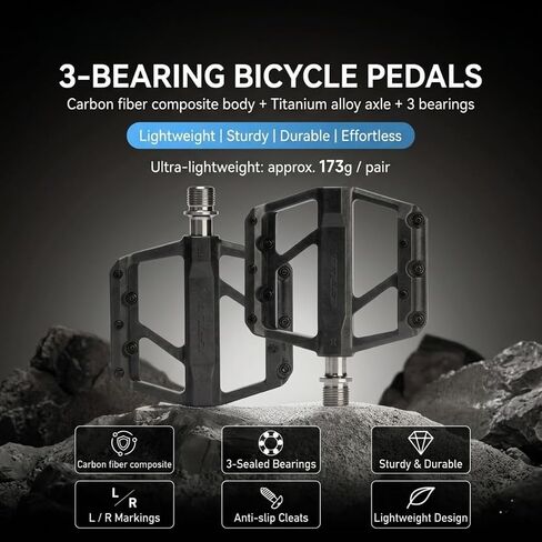 Carbon Fiber Bicycle Pedals, 173g/Pair Ultra Lightweight Mountain Bike Pedals - 3 Sealed Bearings, Titanium Alloy Spindle 9/16" Universal Thread, Anti-Slip Road Flat Platform Pedals for MTB BMX in Saudi Arabia