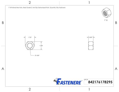 1"-8 Finished Hex Nuts, Grade 2 Steel, Hot Dip Galvanized Finish HDG, Quantity 5 By Fastenere in Kuwait