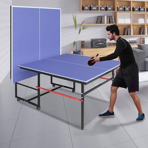 Professional Table Tennis Table, Foldable Ping Pong Game Set for Indoor, 8FT 9FT Single Player Playback Mode Ping Pong Table with Net and Post Set, 2 Paddles and 3 Balls (Blue-8x4FT) in Kuwait