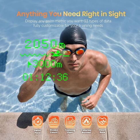 نظارات السباحة الذكية Holoswim 3 Pro، نظارات السباحة AR مع شاشة عرض، نظام تحديد المواقع والبوصلة، تتبع البيانات وخطط التدريب لحمام السباحة والمياه المفتوحة، مستشعر 10 محاور، شاشة عالية الدقة 64 × 128، TÜV مضاد للضباب in Kuwait