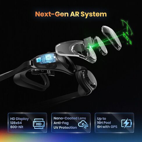 نظارات السباحة الذكية Holoswim 3 Pro، نظارات السباحة AR مع شاشة عرض، نظام تحديد المواقع والبوصلة، تتبع البيانات وخطط التدريب لحمام السباحة والمياه المفتوحة، مستشعر 10 محاور، شاشة عالية الدقة 64 × 128، TÜV مضاد للضباب in Kuwait