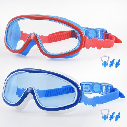 Kids Swim Goggles, Anti-Fog Leakproof Toddler Goggles & Swimming Goggles for Boys & Girls, UV Protection, Wide View Lenses, Adjustable Strap for Ages 3-15, Nose Clip & Ear Plugs,(2 Pack) in Kuwait