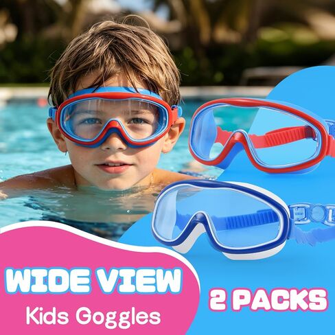 Kids Swim Goggles, Anti-Fog Leakproof Toddler Goggles & Swimming Goggles for Boys & Girls, UV Protection, Wide View Lenses, Adjustable Strap for Ages 3-15, Nose Clip & Ear Plugs,(2 Pack) in Kuwait