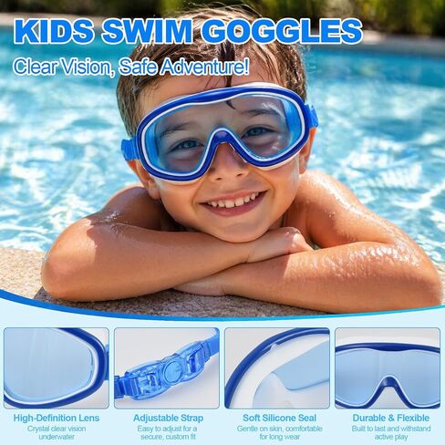 Kids Swim Goggles, Anti-Fog Leakproof Toddler Goggles & Swimming Goggles for Boys & Girls, UV Protection, Wide View Lenses, Adjustable Strap for Ages 3-15, Nose Clip & Ear Plugs,(2 Pack) in Kuwait
