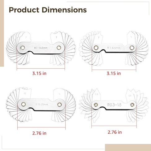 4-Piece Fillet Weld Radius Gauge Set, 0.3 Mm to 25 Mm Measurement Range, Stainless Steel 203, High Precision Tool for Mechanics and Crafts in Kuwait