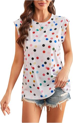 Floerns Women's Polka Dots Print Crew Neck T Shirts Cap Sleeve Summer Tee Shirt in Kuwait