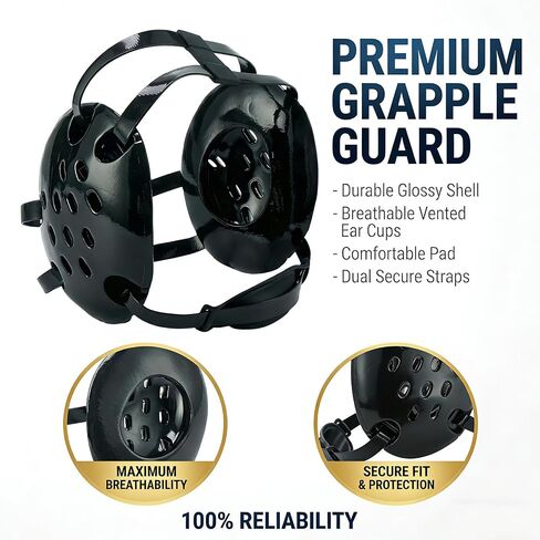 Black Adjustable Wrestling Headgear Head Gear for Adults & Teens with Chin Cup & Pad Dual Ear Guard for MMA, BJJ in Kuwait