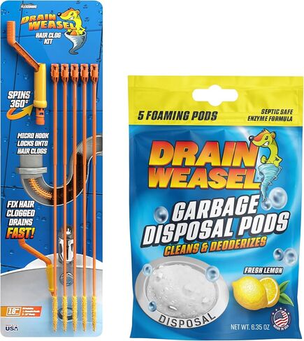أداة إزالة انسدادات شعر الثعبان من FlexiSnake Drain Weasel ومنظف/مزيل الروائح الكريهة للتخلص من الأكياس. تتضمن 5 عصا ومقبض قابل للإزالة ومجموعة من 5 عبوات برائحة الليمون الطازج in Kuwait
