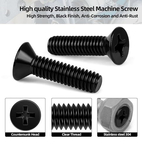 50 PCS #10-24 x 1-1/2" Phillips Flat Head Machine Screws, Countersunk Head Machine Screw Bolts, 18-8 Stainless Steel (304), Full Thread, Black Coating in Kuwait