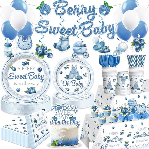 Xynic Blueberry Baby Shower Decorations, 212 Pcs Blue Berry Sweet Banner, Balloons, Plates and Napkins Set, Tablecloth Berry Sweet Blueberry Themed Baby Shower Party Decorations Supplies in Saudi Arabia
