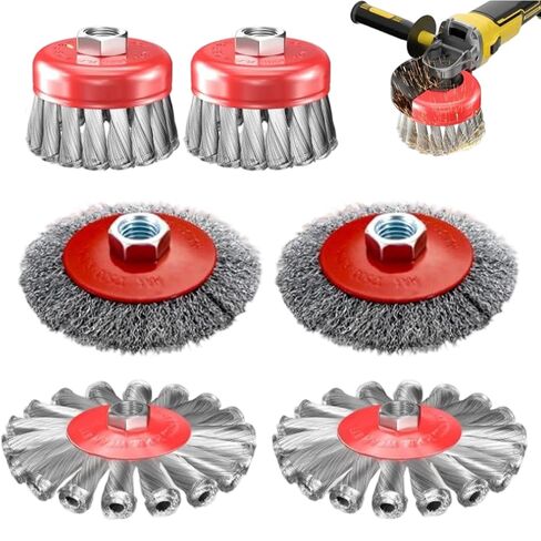 6 Pcs Wire Wheel Brush for Angle Grinders, 4In & 3In Twist Knotted Wire Wheel Brush, Fits 4-1/2 Angle Grinder with 5/8In-11 Threaded Arbor, for Heavy Duty Rust Removal, Paint Removal, Metal Cleaning in Kuwait