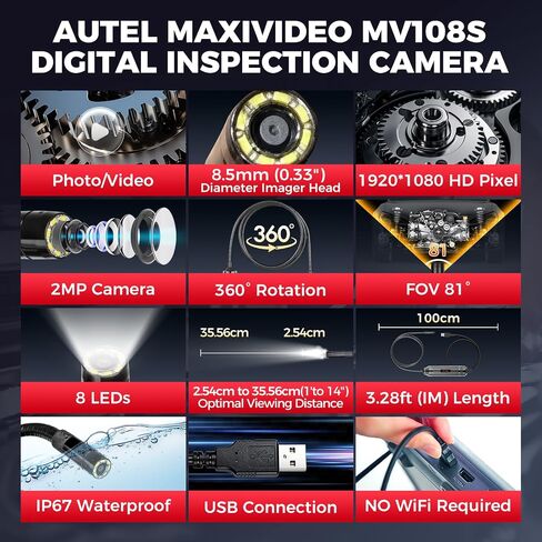 Autel MV108S 1080P HD Inspection Camera, 8.5mm Probe Wide-Angle Borescope, IP67 Waterproof USB Endoscope Snake Camera with LED Lights & 3.3ft Cable, Upgrade of MV108 MV105, for Autel Scanner & PC in Kuwait