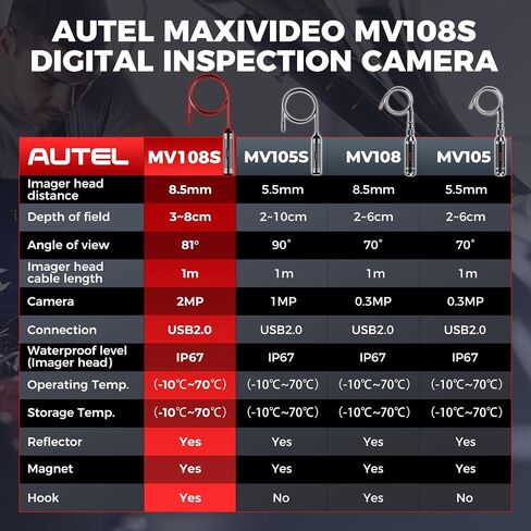 Autel MV108S 1080P HD Inspection Camera, 8.5mm Probe Wide-Angle Borescope, IP67 Waterproof USB Endoscope Snake Camera with LED Lights & 3.3ft Cable, Upgrade of MV108 MV105, for Autel Scanner & PC in Kuwait