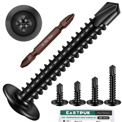 Black Self Tapping Screws for Metal, 155Pcs #8 x 1/2", 5/8", 3/4", 1", 1-1/4", 1-1/2", 2", 410 Stainless Steel Truss Head Sheet Metal Screws, Self-Drilling for Metal, Plastic and Wood in Kuwait