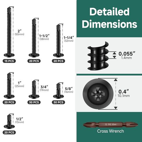 Black Self Tapping Screws for Metal, 155Pcs #8 x 1/2", 5/8", 3/4", 1", 1-1/4", 1-1/2", 2", 410 Stainless Steel Truss Head Sheet Metal Screws, Self-Drilling for Metal, Plastic and Wood in Kuwait