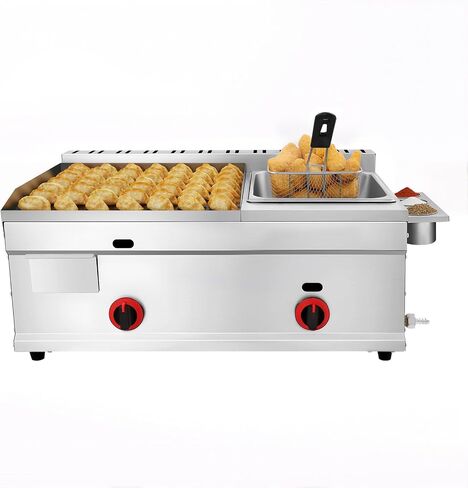 Gas Griddle, 6L/1.59Gal Stainless Steel Griddle & Deep Fryer Combo Gas Deep Fryer Gas Grill Griddle with Oil Draining Basket, Lid & 3 Spice Boxes, Commercial Griddle with Fryer for RV, Camping in Saudi Arabia