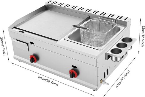 Gas Griddle, 6L/1.59Gal Stainless Steel Griddle & Deep Fryer Combo Gas Deep Fryer Gas Grill Griddle with Oil Draining Basket, Lid & 3 Spice Boxes, Commercial Griddle with Fryer for RV, Camping in Saudi Arabia