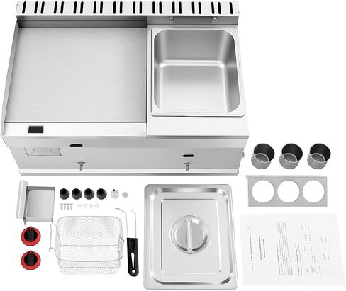 Gas Griddle, 6L/1.59Gal Stainless Steel Griddle & Deep Fryer Combo Gas Deep Fryer Gas Grill Griddle with Oil Draining Basket, Lid & 3 Spice Boxes, Commercial Griddle with Fryer for RV, Camping in Saudi Arabia