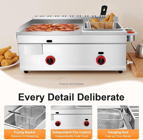 Gas Griddle, 6L/1.59Gal Stainless Steel Griddle & Deep Fryer Combo Gas Deep Fryer Gas Grill Griddle with Oil Draining Basket, Lid & 3 Spice Boxes, Commercial Griddle with Fryer for RV, Camping in Saudi Arabia