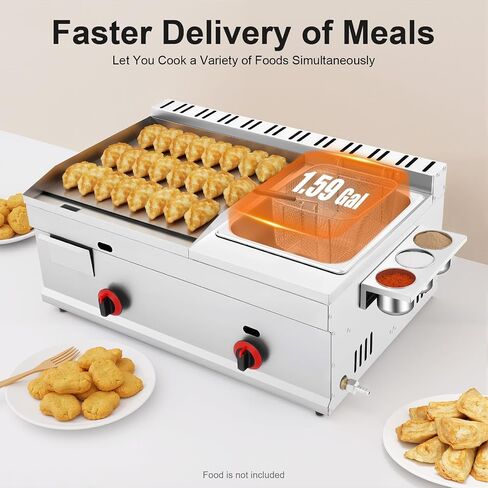 Gas Griddle, 6L/1.59Gal Stainless Steel Griddle & Deep Fryer Combo Gas Deep Fryer Gas Grill Griddle with Oil Draining Basket, Lid & 3 Spice Boxes, Commercial Griddle with Fryer for RV, Camping in Saudi Arabia