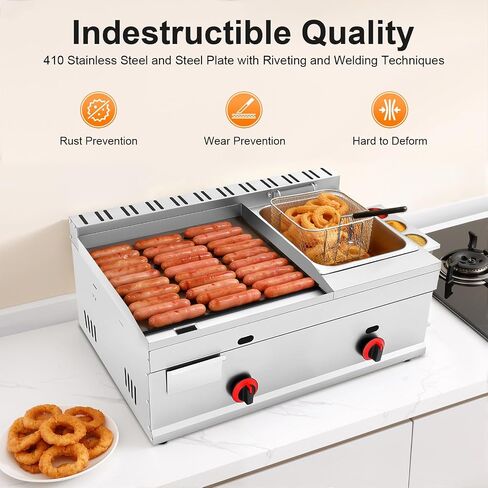 Gas Griddle, 6L/1.59Gal Stainless Steel Griddle & Deep Fryer Combo Gas Deep Fryer Gas Grill Griddle with Oil Draining Basket, Lid & 3 Spice Boxes, Commercial Griddle with Fryer for RV, Camping in Saudi Arabia
