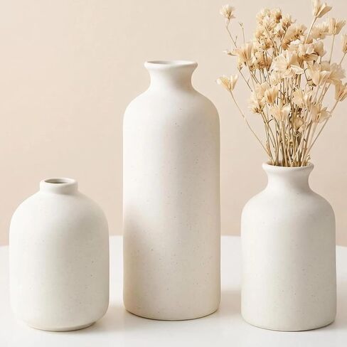 White Small Boho Ceramic Vase Set of 3, Modern Home Decor Vases for Flowers,Farmhouse,Shelf,Bathroom,Centerpiece for Entryway Table Decoration Gifts (7.8" H,5.08" H,4.17" H) in Saudi Arabia
