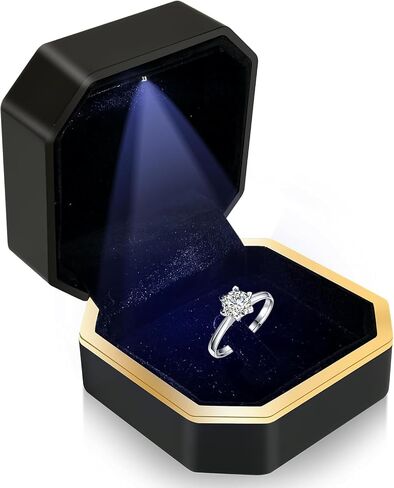 LED RING BOX لمشاركة اقتراح زفاف أعدت للهدايا - صندوق الخاتم الفاخر أفضل الهدايا للأشخاص الذين يهمونك أكثر ، مربع هدايا مجوهرات مربع المخمل (كلاسيكي - أسود) in Kuwait
