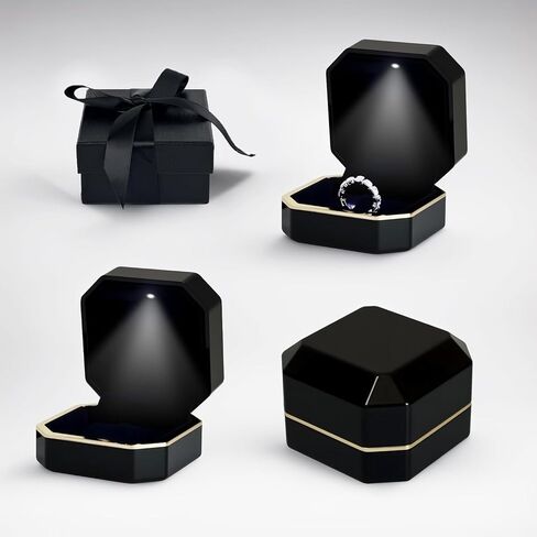 LED RING BOX لمشاركة اقتراح زفاف أعدت للهدايا - صندوق الخاتم الفاخر أفضل الهدايا للأشخاص الذين يهمونك أكثر ، مربع هدايا مجوهرات مربع المخمل (كلاسيكي - أسود) in Kuwait