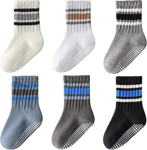 HONGTEYA 6 Pack Baby Toddler Grip Socks with Non-Slip Stripe Grippy Crew Socks for Boys Girls Kids Seamless Toe 1-8 Years in Saudi Arabia