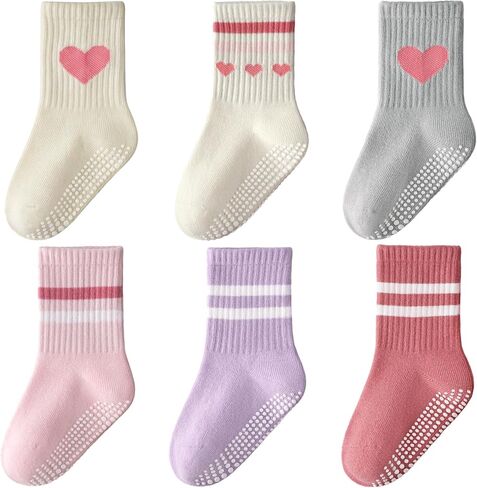 HONGTEYA 6 Pack Baby Toddler Grip Socks with Non-Slip Stripe Grippy Crew Socks for Boys Girls Kids Seamless Toe 1-8 Years in Saudi Arabia