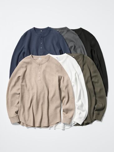 تي شيرت Uniqlo برقبة وافل هينلي | كم طويل in Kuwait