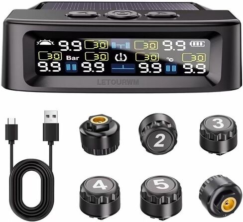 نظام مراقبة ضغط الإطارات RV - مراقب ضغط الإطارات TPMS مع 6 أجهزة استشعار، M12-3 TPMS شحن بالطاقة الشمسية وشاشة LCD ملونة USB، نطاق 0-9.9BAR/144PSI، 6 أوضاع إنذار لـ RV/Trailer/Truck IP67 in Kuwait