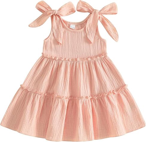Toddler Baby Girl Dress Summer Clothes Gauze Cotton Solid Color Sleeveless Round Neck Tiered Flowy Dresses in Saudi Arabia