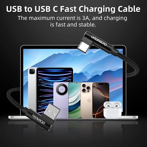 aceyoon [3 حزم كابل شاحن USB من النوع C بزاوية يمنى، 0.6 قدم مضفر 90 درجة شاحن كوع مزدوج على شكل حرف L كابل USBC لهاتف iPhone 15 Pro Max Plus، Samsung Galaxy S9 S10، Pixel 2 3 3XL، P30 P20 Mate20 in Kuwait