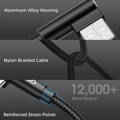 aceyoon [3 حزم كابل شاحن USB من النوع C بزاوية يمنى، 0.6 قدم مضفر 90 درجة شاحن كوع مزدوج على شكل حرف L كابل USBC لهاتف iPhone 15 Pro Max Plus، Samsung Galaxy S9 S10، Pixel 2 3 3XL، P30 P20 Mate20 in Kuwait