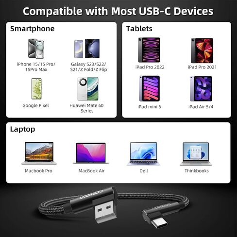 aceyoon [3 حزم كابل شاحن USB من النوع C بزاوية يمنى، 0.6 قدم مضفر 90 درجة شاحن كوع مزدوج على شكل حرف L كابل USBC لهاتف iPhone 15 Pro Max Plus، Samsung Galaxy S9 S10، Pixel 2 3 3XL، P30 P20 Mate20 in Kuwait