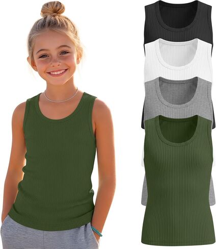 4 Pack Girls Tank Tops Sleeveless Shirts Ribbed Textured Knit Tee Round Neck Basic Kids Undershirts Summer in Kuwait