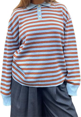 Women Y2k Striped Rugby Polo Shirt Knit Vinatge Tops Long Sleeve Button Collared Neck Preppy Pullover Sweatshirt in Saudi Arabia