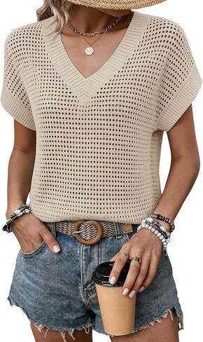Women Summer Sweaters Vest Cap Sleeve Crochet Tops Hollow Out Cover Up Tank Top Pullover Beach Vacation Clothes in Saudi Arabia