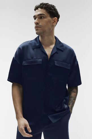 Alo Yoga Satin Horizon Short Sleeve Button Up - Navy in Saudi Arabia
