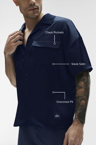 Alo Yoga Satin Horizon Short Sleeve Button Up - Navy in Saudi Arabia